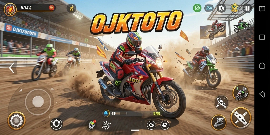 Screenshot gameplay OJKTOTO yang menunjukkan adrenalin balapan motor.